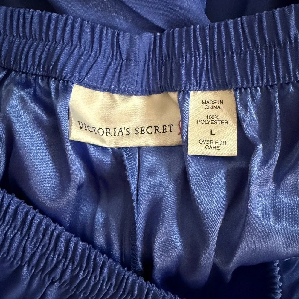 Victoria Secret 2 Piece Purple Satin Pajama Set Women's L Button Up Top & Pants